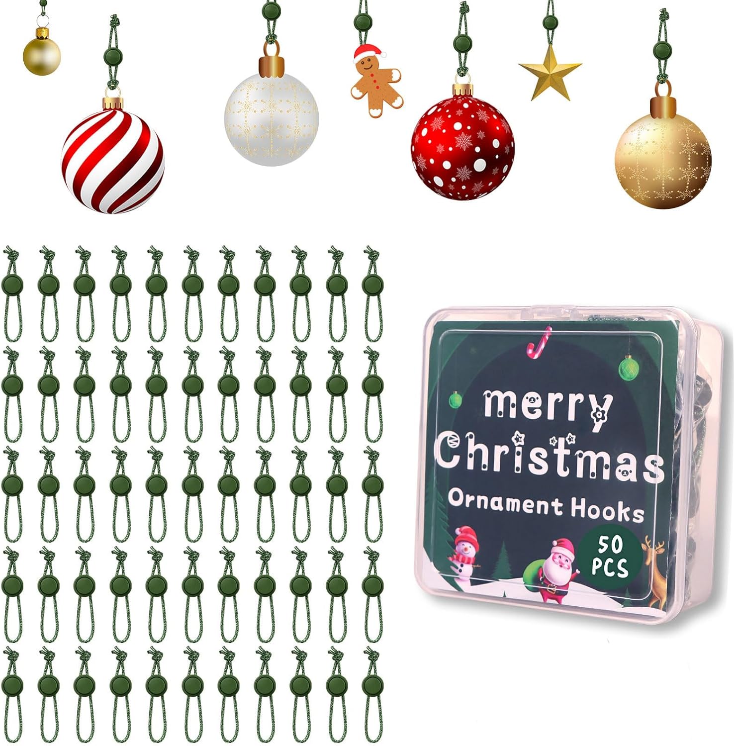 50pcs Ornament Anchors for Christmas Tree, Adjustable Non Slip Mini Hangers Hooks, Green Cat Proof Christmas Ball Hangers String Ties